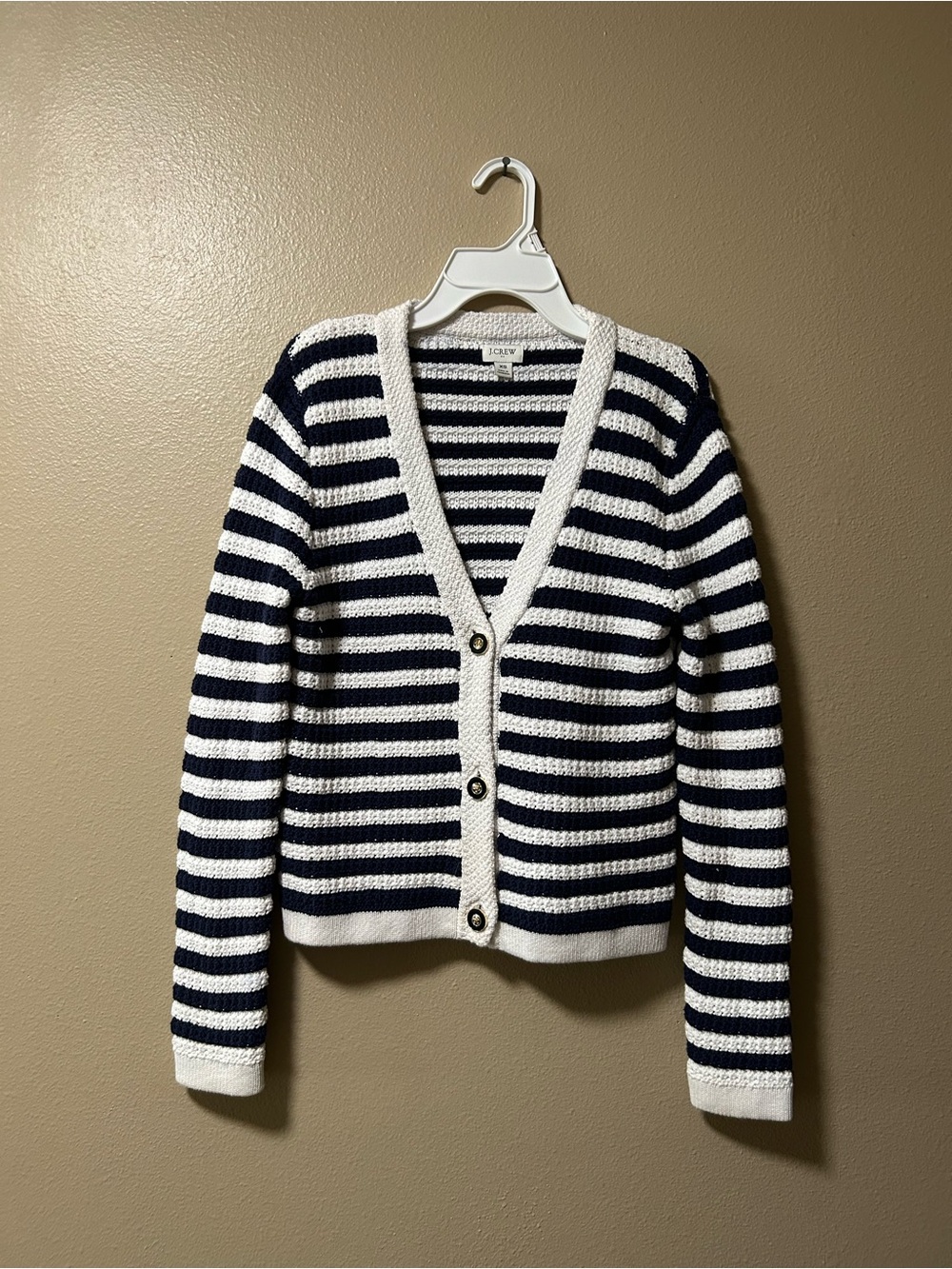 J. Crew Striped Open Knit V-Neck Cardigan Antique Navy Preppy Nautical Coquette